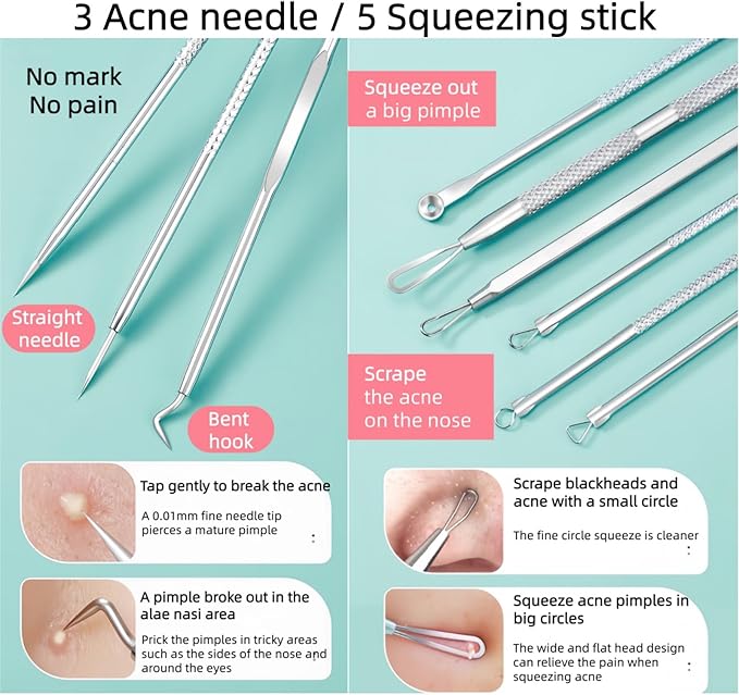 3 Pcs Blackhead Remover Comedone Extractor, Acne Removal Kit, Manual Pimple Popper Tool for Quick and Easy Removal of Pimples, Blackheads on Forehead, Facial and Nose (Needle 3 Pack)