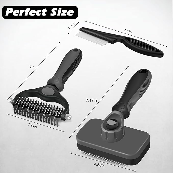 3PCS Self Cleaning Slicker Brush & Pet Grooming Rake & Flea Comb for Dogs,Cats and Horses | Double-Sided Dematting Comb & Skin Friendly Deshedding Grooming Tool | Premium Pet Supplies（Gray)