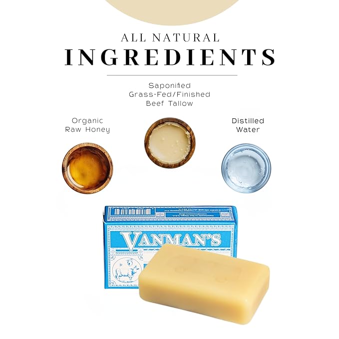 VanMan Beef Tallow and Honey Bar Soap – Pure Grass-Fed Beef Tallow for Skin with Raw Honey & Distilled Water, Unscented Soap, Hydrating & Nourishing, Clean Ingredients, 3.8oz - 5 Pack