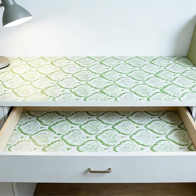 Shelf and Drawer Liner, 17in x 20FT Double Layer PVC Non-Adhesive Non-Slip Waterproof, Green Leaf for Kitchen Cabinets, Pantry, Bathroom, Dresser with Knife and Tape Measure