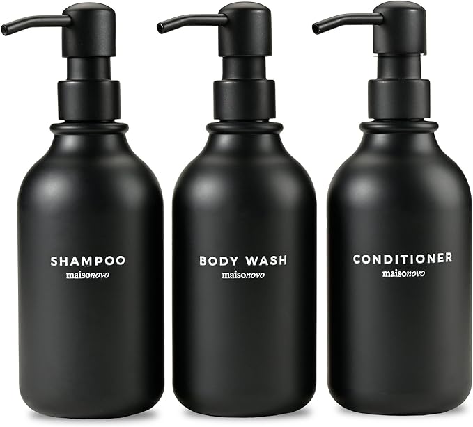 MaisoNovo Refillable Shampoo and Conditioner Bottles - 16.9 fl oz Set of 3 Black Plastic Bottles Black Plastic Pumps