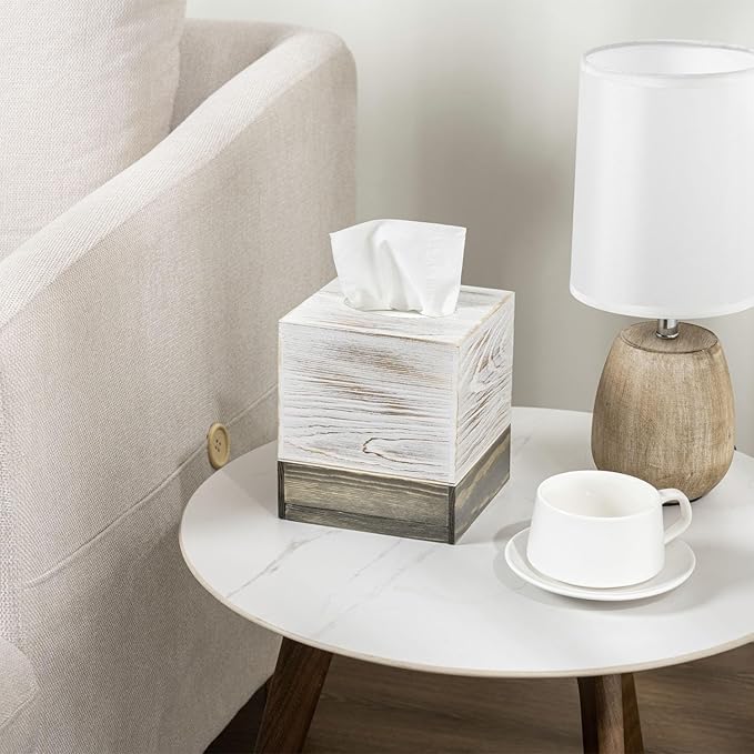 MyGift Coastal Chic Square Tissue Box Cover, Two-Tone Whitewashed Solid Wood Facial Tissue Box Dispenser Cover with Vintage Graywashed Base and Easy Slide-Out Bottom Panel, 5.5 x 5.5 x 6.3 Inches