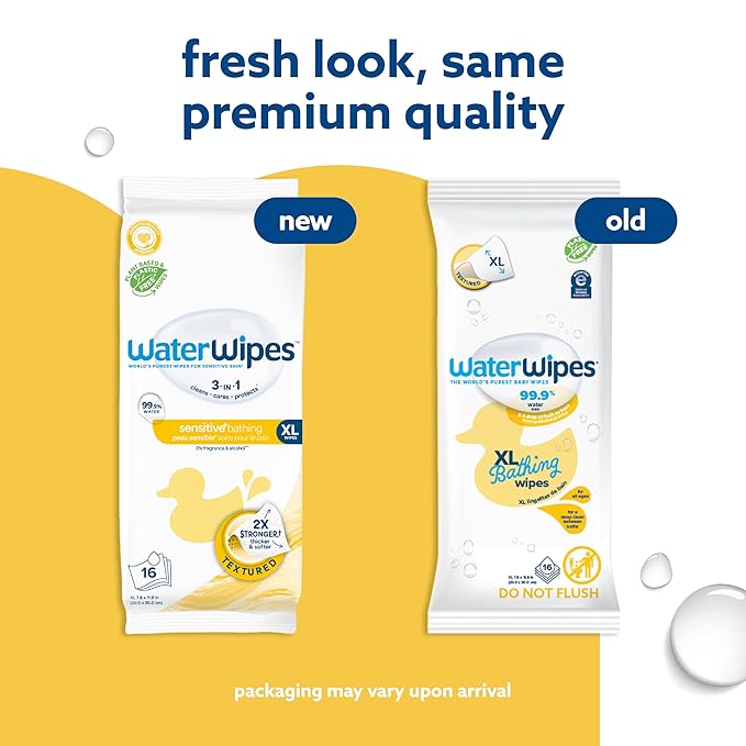 WaterWipes Sensitive+ Bathing Wipes, 3-In-1 Cleans, Cares, Protects, 99.9% Water, Unscented & Hypoallergenic, 16 Count (Pack of 4)