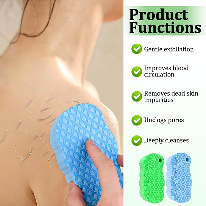 2Pcs Magic Exfoliating Bath Sponge, 3D Ultra Soft Deep Cleansing Body Sponge with Lanyard, Gently and Painlessly Removes Dead Skin & Impurities, Skin Friendly Reusable Sponges (Blue + Dark Green)