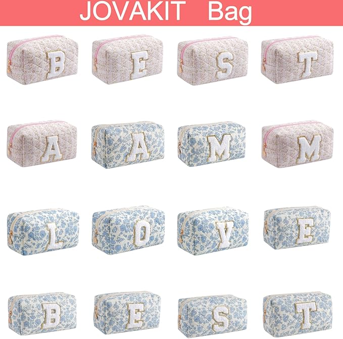 JOVAKIT Alphabet Makeup Bag Cosmetic Bag for Women, Christmas Gifts for Girls Age 6-18, Floral Flowers Coquette Travel Toiletry Zipper Make Up Pouch Organizer Trendy Stuff (Pink Floral G)