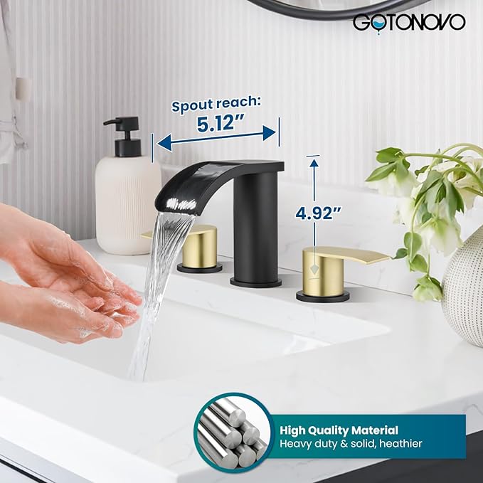 gotonovo Waterfall 8 inch Widespread Bathroom Faucet Set Bathroom Sink Faucet 3 Hole 2 Handle Vanity Lavatory Deck Mount with Pop Up Drain and Water Supply Lines Round Body Brushed Gold and Black