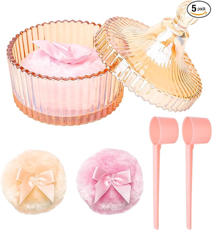 5PCS Body Powder Puff and Container, Coolrunner Crystal Clear Powder Container with Powder Spoon, Dusting Powder with Puff for Women, Washable Reusable