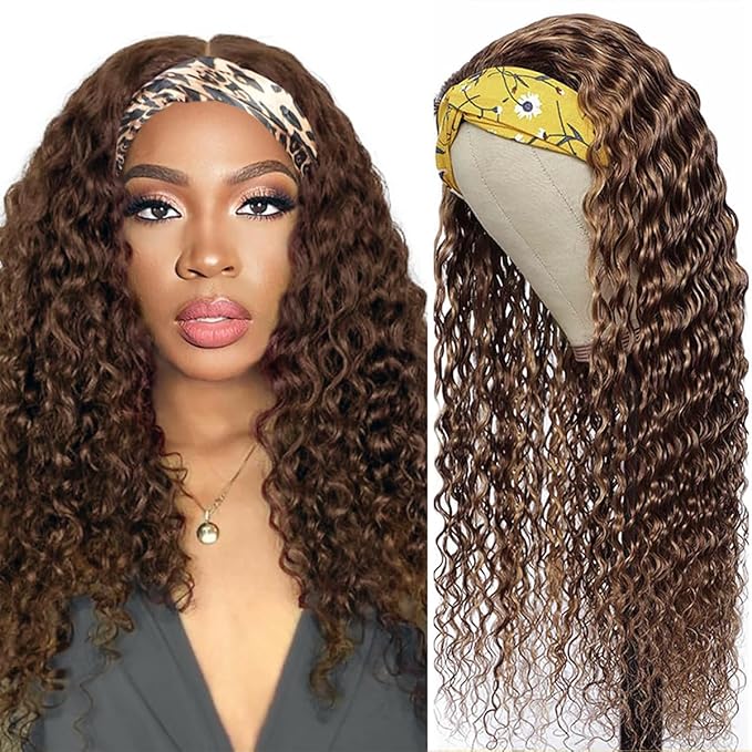 XSY Headband Wig Human Hair Deep Wave 4# Chocolate Brown Headband Wigs for Black Women Glueless Wear and Go Brazilian Virgin Human Hair Wigs 150% Density 24 Inch