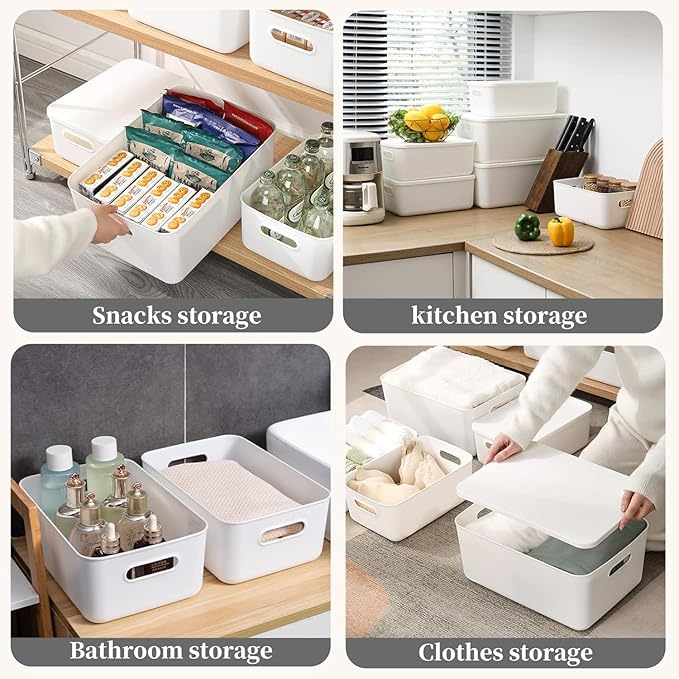 Ytteve White 2-Pack Large Plastic Storage Bins with Handles, 14.2" x 10" x 6.3" Stackable Organizer Containers for Closet, Shelves, Drawers, Office & Classroom