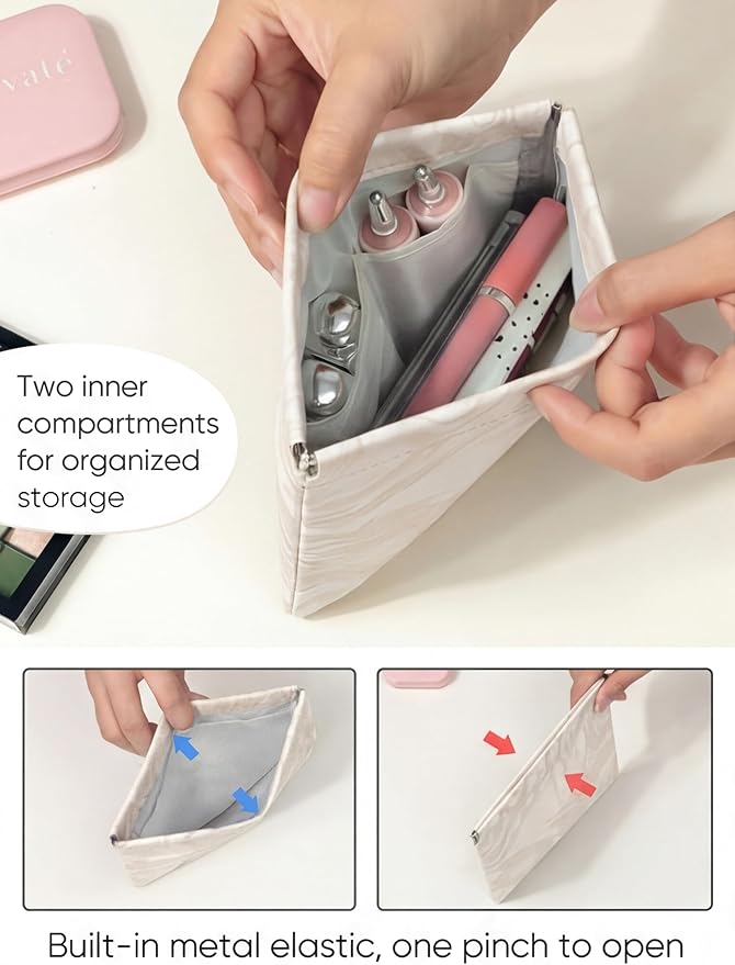 PU Leather Makeup Pouch Set for Women Small Make Up Bag for Purse Waterproof Initial Makeup Cosmetic Bags Pouches for Purse Aesthetic Travel Toiletry Bag,Elegant Wave White