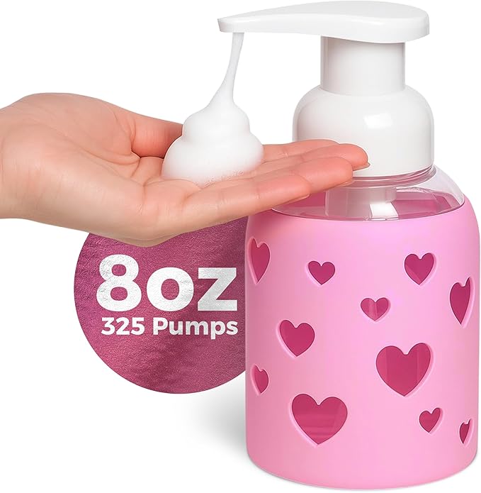 SoCal Suds & Company Foaming Hand Soap Dispenser Glass, Liquid Soap Pump with Heart Silicone Sleeve, Refillable Bottle for Kids, Baby Wash & Shampoo, Ideal for Bathroom & Kitchen Use, Bright Pink, 8oz