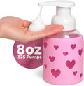 SoCal Suds & Company Foaming Hand Soap Dispenser Glass, Liquid Soap Pump with Heart Silicone Sleeve, Refillable Bottle for Kids, Baby Wash & Shampoo, Ideal for Bathroom & Kitchen Use, Bright Pink, 8oz