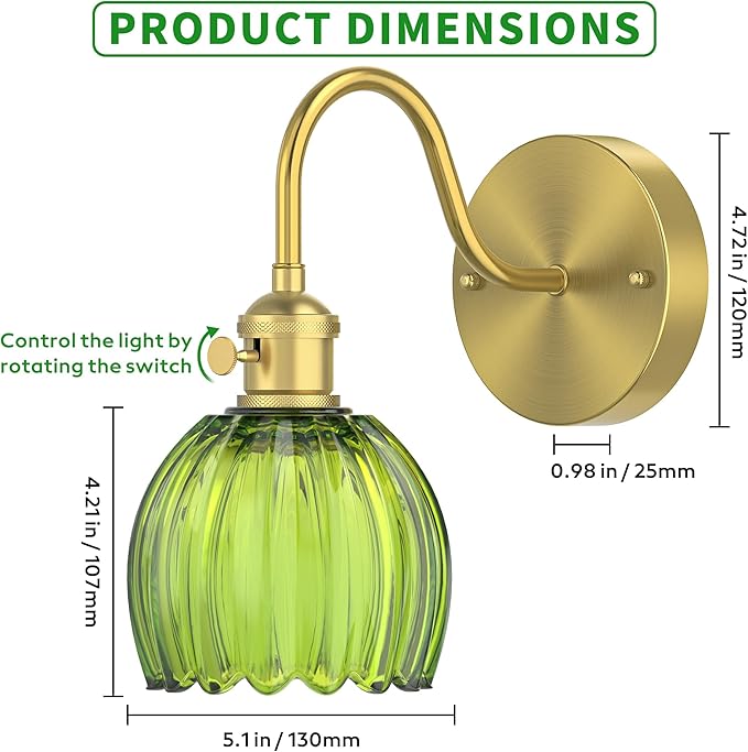 Wall Sconces Lights Lamp for Bedroom Bathroom, Modern Vanity Light Fixtures, Wall Mount Lighting Vintage Tulip Green Glass Shade for Living Room Mirror Hallway Kitchen