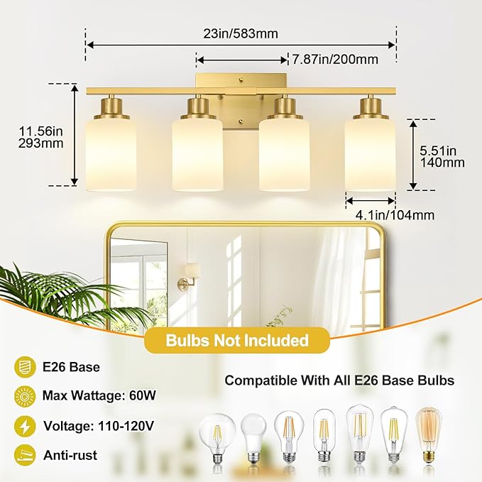 4-Light Bathroom Light Fixtures, Brushed Gold Vanity Lights with Milk Glass Shades, Modern Bathroom Wall Lamp for Mirror Living Room Bedroom Porch