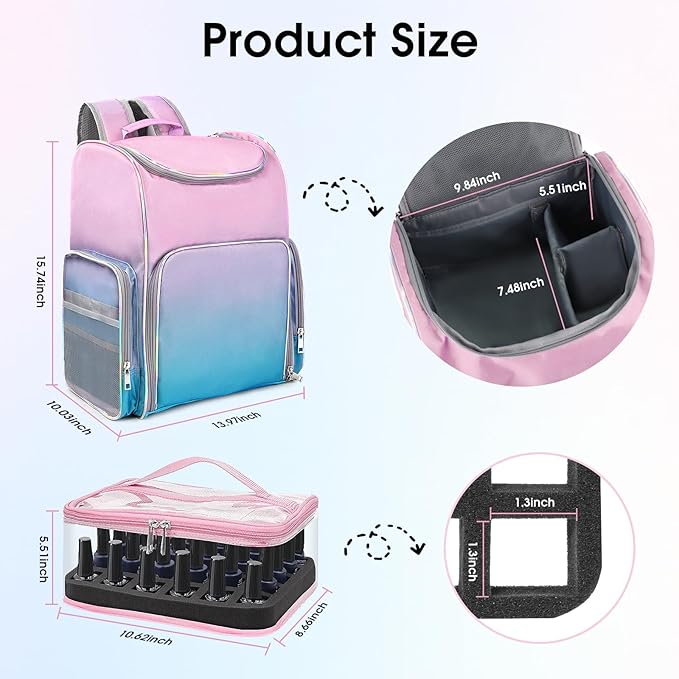 Nail Polish Organizer Bag Large Nail Polish Storage Organizer Case Backpack Holds 60 Bottles and Nail Lamp with 2 Removable Case Professional Nail Supplies Organizer for Manicurist