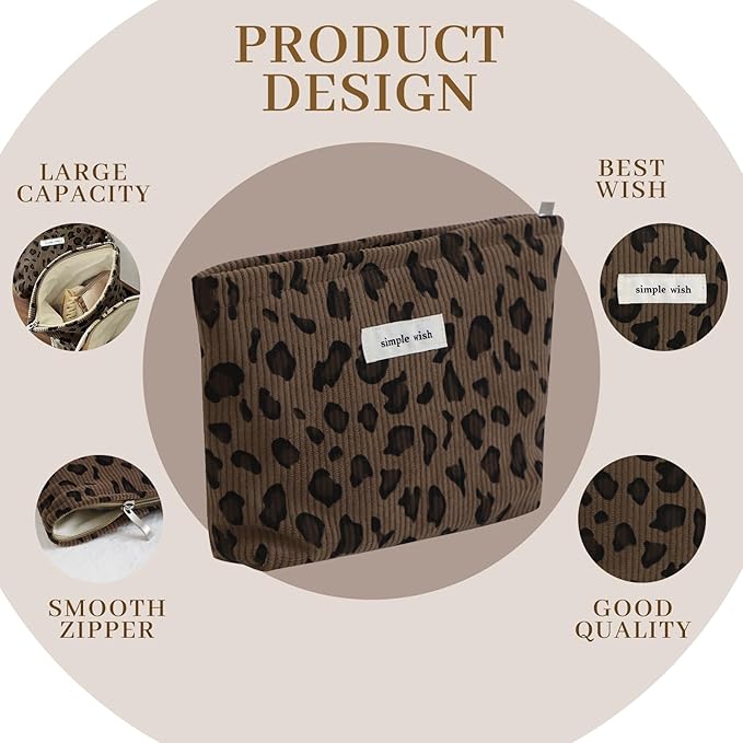 Wudygirl Leopard Makeup Bag Travel Cosmetic Bag for Women Small Makeup Pouch Zipper Cosmetic Pouch Handbag Aesthetic (Brown Leopard)