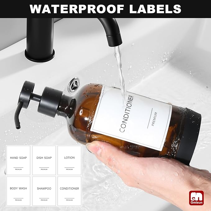 GMISUN Plastic Shampoo and Conditioner Dispenser with Silicone Sleeves, 21 oz Amber Shower Soap Dispenser Bottles with Labels, Refillable Shampoo Conditioner Body Wash Dispensers Set of 3