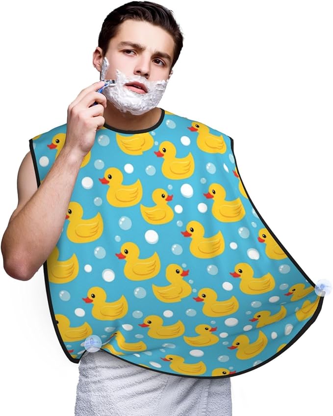 Beard Bib with 3 Suction Cups, Non-Stick Waterproof Hair Catcher Apron, Men's Shaving Essential for Grooming, Yellow Rubber Ducks Print Shave Bib
