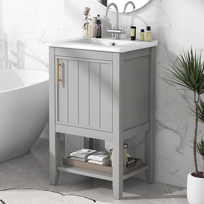 Bellemave 20" Small Bathroom Vanity with Sink, Modern Bathroom Storage Cabinet with Door and Storage Rack, Free Standing Single Basin Vanity with Open Shelf, Undermount Ceramic Sink, Grey