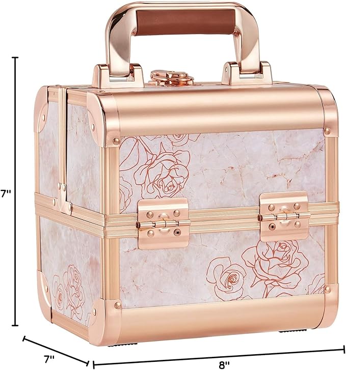 Costravio Makeup Case Train Case Portable Makeup Box with Mirror Lock Box Travel Cosmetic Train Cases Hard Make Up Organizer for Girls Nail Craft Storage Vanity Rose Gold Flower