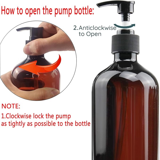Empty Plastic Bottles with Pump Dispenser and Labels Included, Refillable Travel Containers for Hand sanitizer Shampoo Lotion, etc - No BPA/Parabenf, 500ml/16.9oz (Amber, 4 Pack)