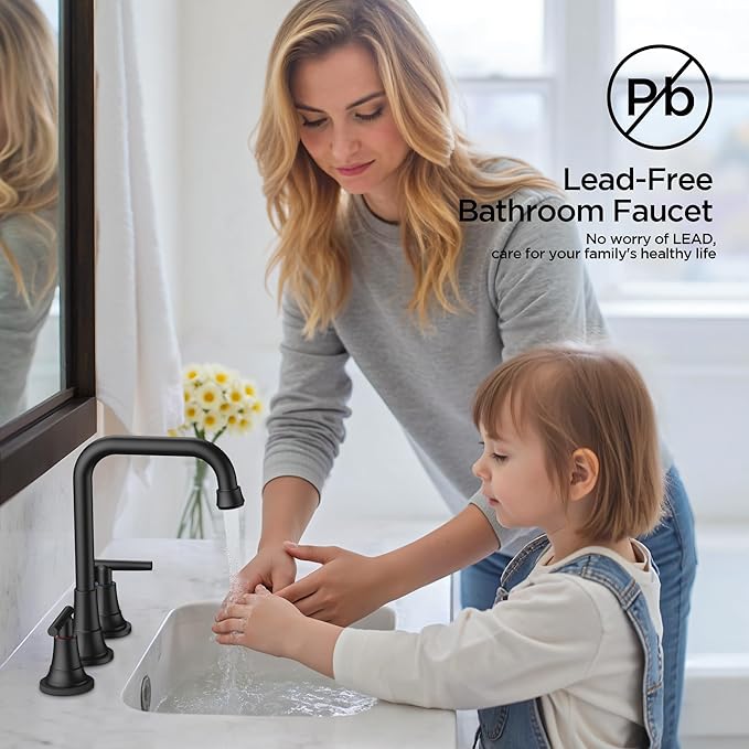 FORIOUS Black Bathroom Faucet for Sink 3 Hole,Widespread Matte Black Bathroom Sink Faucets,2 Handles RV Bathroom Faucets Vanity with Pop Up Drain and Supply Hoses