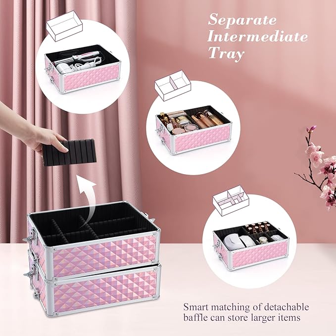 Adazzo 4 in 1 Rolling Makeup Trolley Train Case Cosmetic Suitcase, Box for Makeup Artist, Hairstylists, Nail Tech Students Barber Case with Keys Swivel Wheels - Shiny Pink