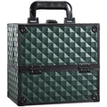 FRENESSA Makeup Case Makeup Box Cosmetic Train Cases Portable Make Up Artist Travel Case Storage Box 4 Trays with Dividers Lockable Hard Makeup Box Craft Nail Kits Case Drak Green