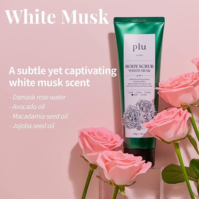 PLU Original Korean Walnut Body Scrub Polish - White Musk - Exfoliating & Hydrating Glow for Smooth, Radiant Skin Texture - Soft Musk Scent, 7.05 oz.