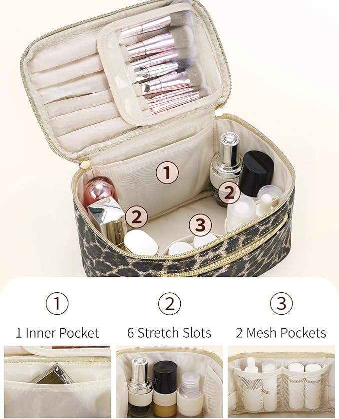 Wandering Nature Makeup Bag, Travel Make Up Organizer Cosmetic Brush Bags Case for Women in Vegan Leather, Leopard Print, Patent Pending
