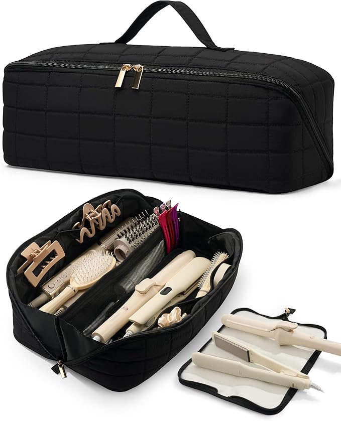 Hot Tools Travel Case with Heat Resistant Mat Pouch, Large Hair Tool Organizer Bag for Curling Iron Flat Iron Hair Dryer Hot Air Brush, Water Resistant Makeup Bag Gift for Women, Black