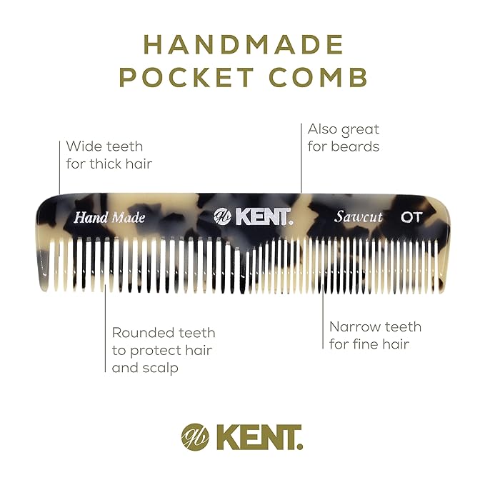 Kent OT TW Pocket Comb - Handmade Fine and Wide Tooth Hair Comb for Men, Women, and Kids - Travel, Beard, and Mustache Comb - Saw Cut and Hand Polished Made in England