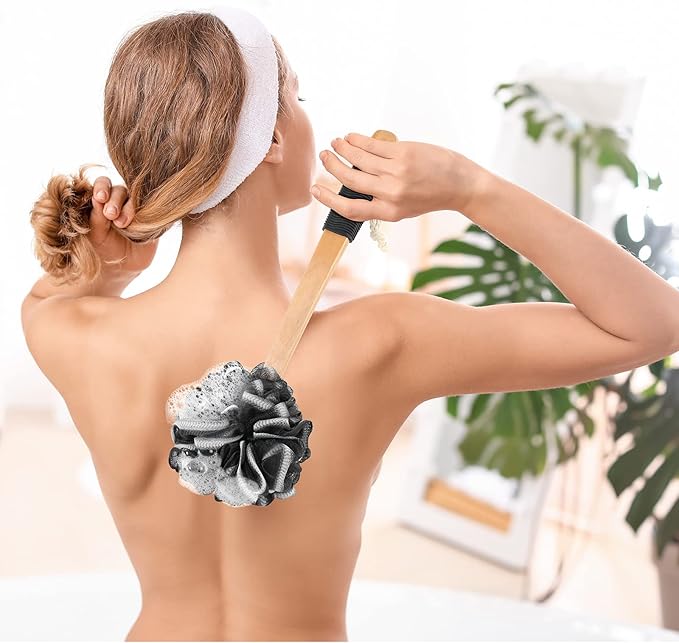 Long Loofah with Handle, Back Scrubber for Shower, Loofah on a Stick (19.09"), Black & White 4.72" Jumbo Mesh PE Pouf, Waterproof Coated Wooden Handle, Non-Slip Grip, Hanging Loop, Men & Women