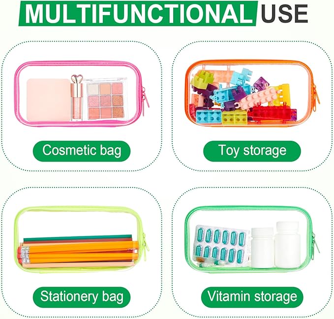 Hoolerry 4 Pcs Hard Clear Zipper Case Makeup Bags Plastic Zipper Pouch Transparent Storage Box Containers for Cosmetics, Snacks, Building Blocks, Puzzles(Clear,7.5 x 3.9 x 2 in,Fluorescent)