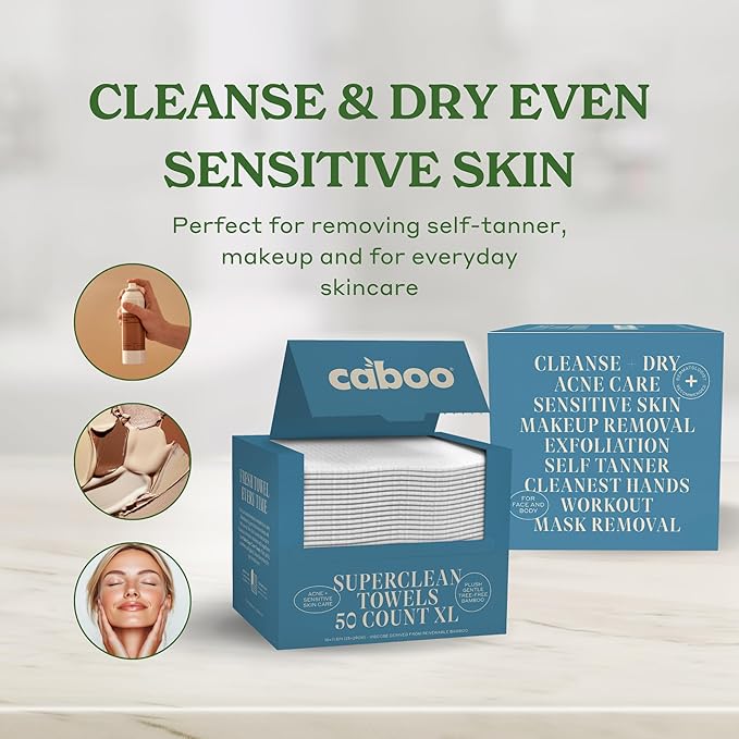 Caboo Tree Free Disposable Face Towels – 50 Soft, Lint-Free Towels | Extra-Large 10x11.5” | Gentle Alternative to Makeup Wipes & Washcloths