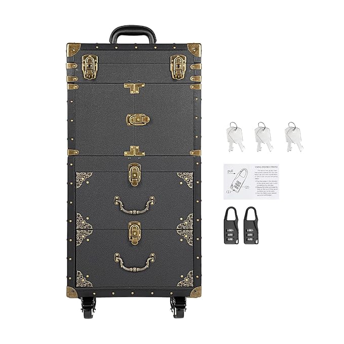 CNCEST Beauty Salon Luggage,Rolling Lockable Makeup Train Case Hairdressing Trolley Stylist Beauty Salon Cosmetic Luggage Travel Organizer Tool Box with Hair Dryer Holder