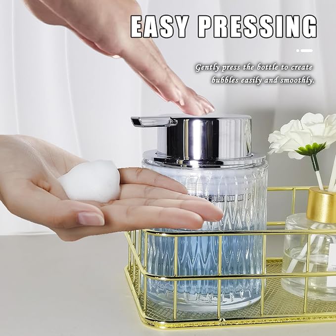 Glass Hand Foaming Soap Dispensers with Silver Pump Refillable Hand Soap Dispenser for Bathroom Kitchen (1Pack-D888)