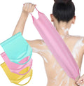 3 Pack Exfoliating Back Scrubber with Handles Exfoliating Washcloth Nylon Extended Length Body Exfoliator Brush Stretchable Pull Strap Back Washer for Shower Long Bath (Pink, Blue, Yellow)