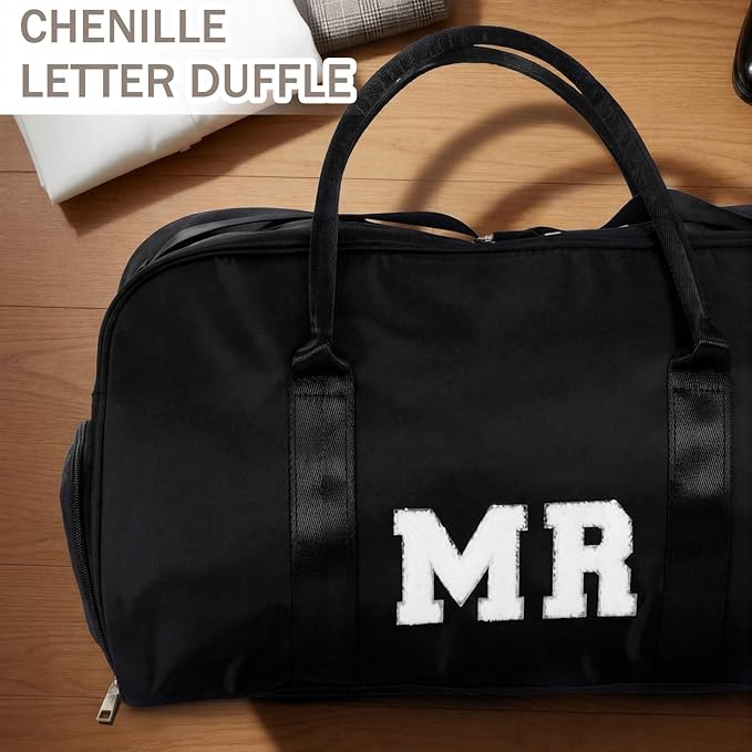 2 Pcs Wedding Weekender Bag Bride Groom Duffle Bag Chenille Letter Patch Travel for Bridal Shower Honeymoon Gift(MR,Black)