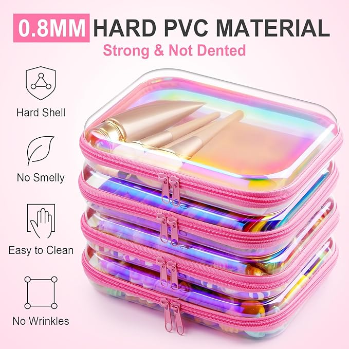 Hoolerry 4 Pcs Hard Clear Zipper Case Makeup Bags Plastic Zipper Pouch Transparent Storage Box Containers for Cosmetics, Snacks, Building Blocks, Puzzles(Clear,9.8 x 7.9 x 2 in,Pink Laser)