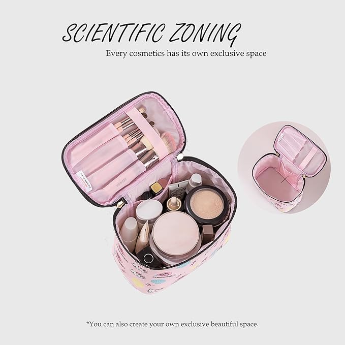 AmBealla Cosmetic Bag Large Makeup Bags Pink Travel Case with Makeup Brush Holder,Cosmetic Organizer for Women,Toiletry Bag for Skincare&Beauty Tools Sweet Cute for Girls