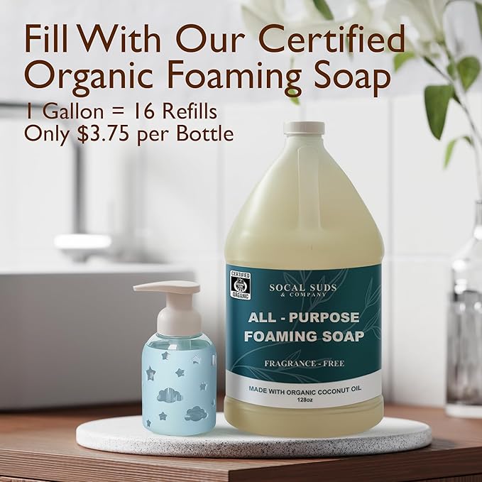 SoCal Suds & Company Foaming Hand Soap Dispenser Glass, Liquid Soap Pump with Cloud & Star Sleeve, Refillable Bottle for Kids, Baby Wash & Shampoo, Ideal for Bathroom & Kitchen Use, Light Blue, 8oz