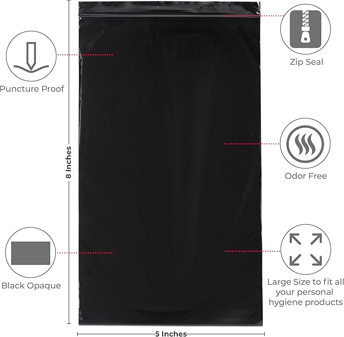Feminine Personal Disposal Bags- 100 Black Opaque Bags for Sanitary Disposal, with Purse Pouch. Discreet Disposal for Tampons, Pads, and Liners (Black)