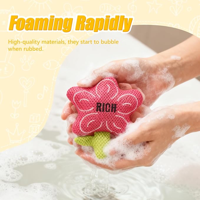 Kids Loofah, Cute Cartoon Animal Kids Bath Sponge with Hanging Rope, Soft Double Mesh for Rich Lather (Long Eared Bear)