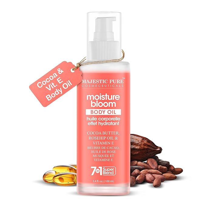 Majestic Pure Moisture Bloom Body Oil -100% Pure & Natural with Cocoa Butter, Rosehip, Vitamin E - After Shower Body Oils for Women and Men - Scented, Radiant, Firming Massage Oil - 3.4 Fl Oz