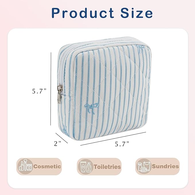 Small Quilted Striped Cosmetic Pouch for Purse, Mini Cotton Makeup Bag with Compartments, Cute Zipper Lipstick Holder for Women (28 White Stripes)