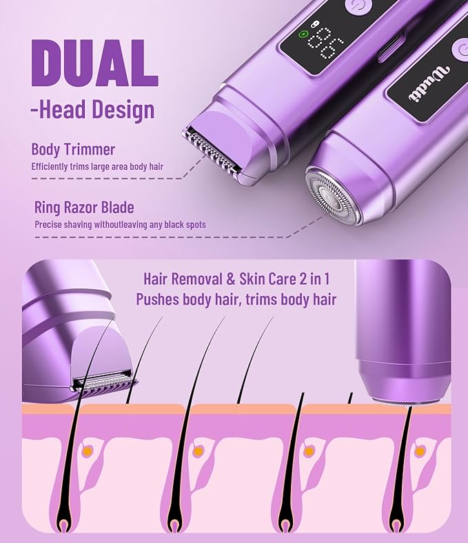 Electric Bikini Trimmer for Women: IPX7 Waterproof Dual Head Cordless Electric Shaver for Women with LED Display & 0.5mm Ceramic Blades for Pubic Hair, Face, Legs - Grape Purple