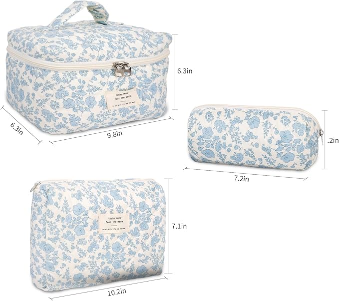 3Pcs Cotton Quilted Makeup Bag Large Travel Cosmetic Bag Coquette Makeup Pouch Cute Aesthetic Floral Toiletry Bag for Women Girls