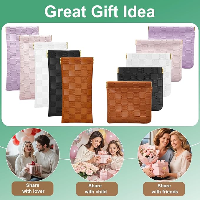 2Pcs Small Makeup Bag for Purse, Mini Checkered Leather Purse Pouches for Purse Small Makeup Pouch Small Coin Purse Organizer Pouches, Portable No Zipper Pocket Cosmetic Bag for Women (Brown)