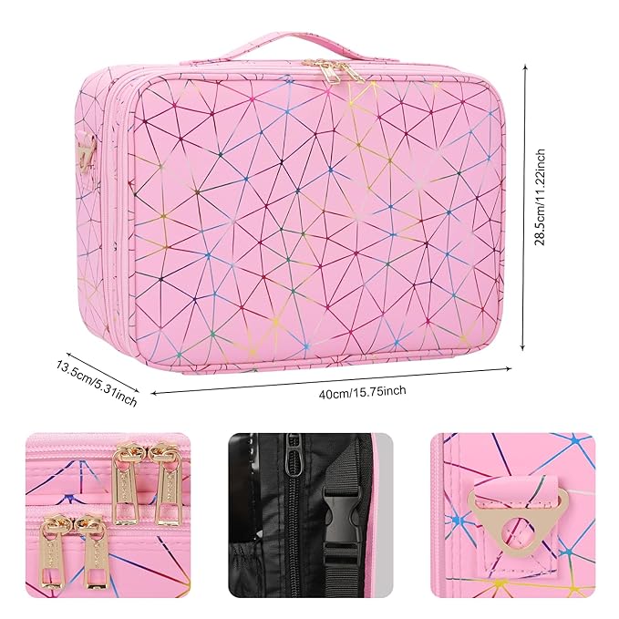 MONSTINA Professional Makeup Case Bag|3 Layers Large Capacity Cosmetic Organizer Brush Bag,Barber Train Case Makeup Artist Box,PU Leather Stylish Geometric Reflection Patterns Pink